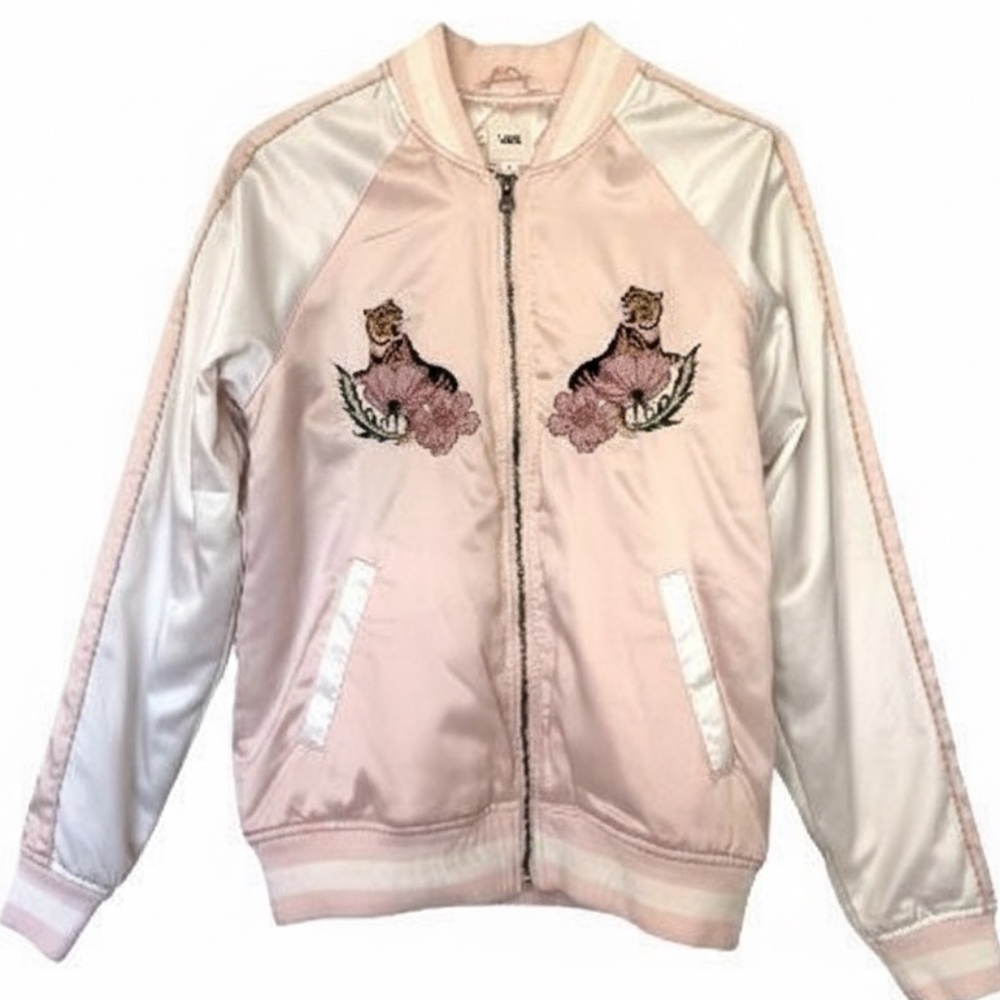 VTG Vans California Satin BomberJacket Tiger Floral Embroidery‎ Pink SZ S Barbie
